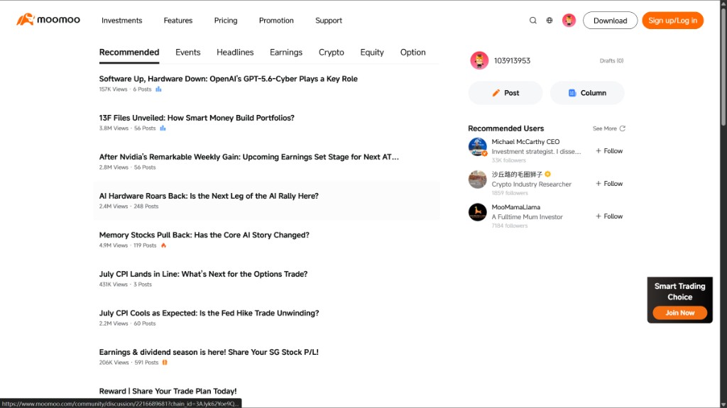 moomoo 社区 Recommended：话题列表、浏览量、推荐用户