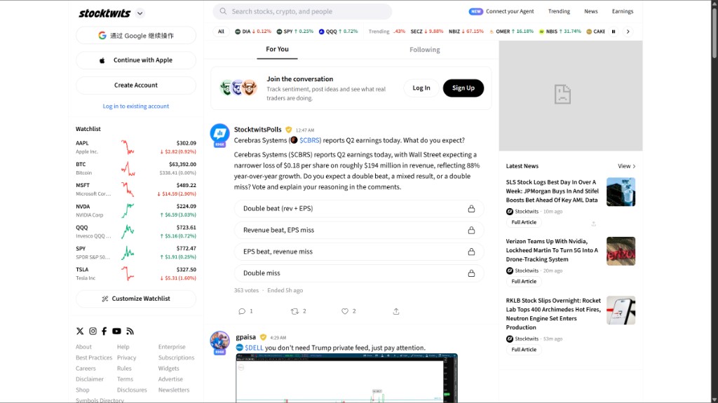 StockTwits 首页：Watchlist、For You 信息流、最新新闻